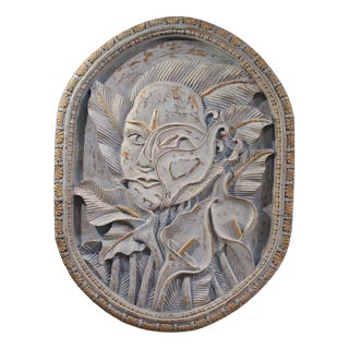 Bas-Relief Sculpture of Stylized Face with Flowers, 20th Century, Wood For Sale