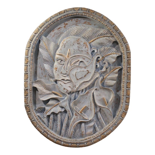 Bas-Relief Sculpture of Stylized Face with Flowers, 20th Century, Wood For Sale