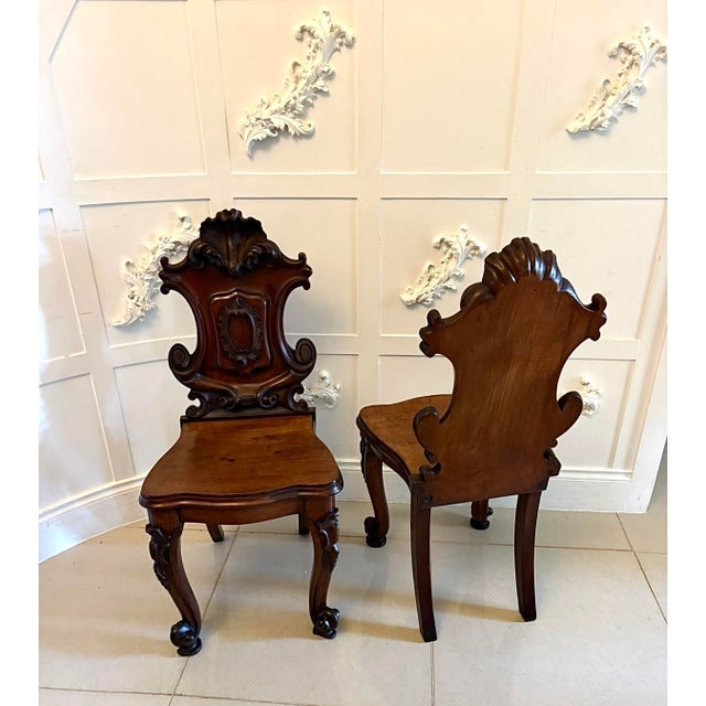 Wood Antique Victorian Carved Mahogany Hall Chairs, 1850s, Set of 2 For Sale - Image 7 of 18