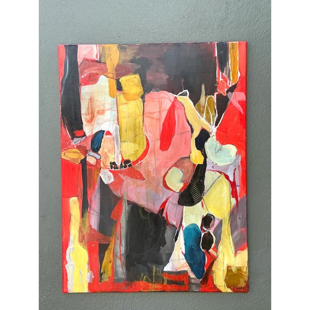 Painted with dynamic gestural energy and layered cubist-expressionist sensibilities, this original mid-century modern oil...