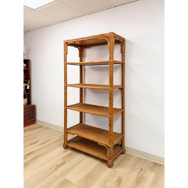 Vintage Coastal Hollywood Regency Tortoise Bamboo Shelf, Wicker Shelving For Sale - Image 9 of 14