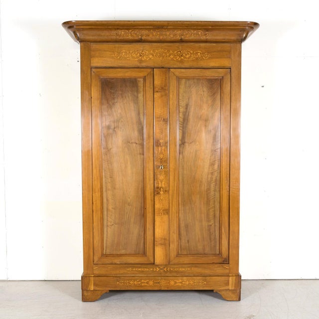 French 19th Century French Restauration Period Solid Walnut Lyonnaise Armoire With Fruitwood Marquetry For Sale - Image 3 of 18