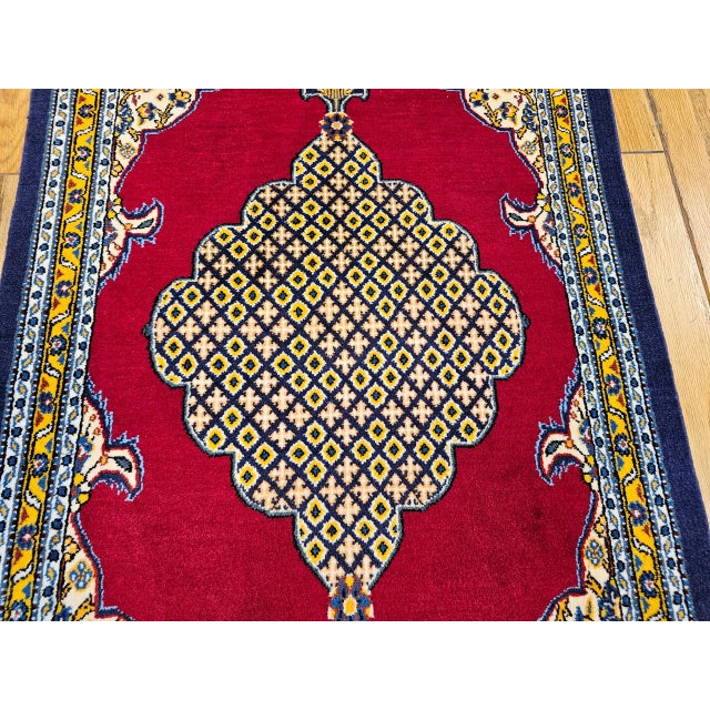 Vintage Persian Qum Area Rug, Hand-Knotted Wool, Geometric Medallion Pattern, 3x5, Red & Navy For Sale - Image 17 of 18