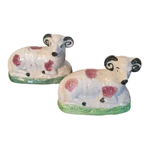 Antique Early 19th Century English George III Staffordshire Pearlware Walton Figures of Rams or Sheep 1810 - a Pair