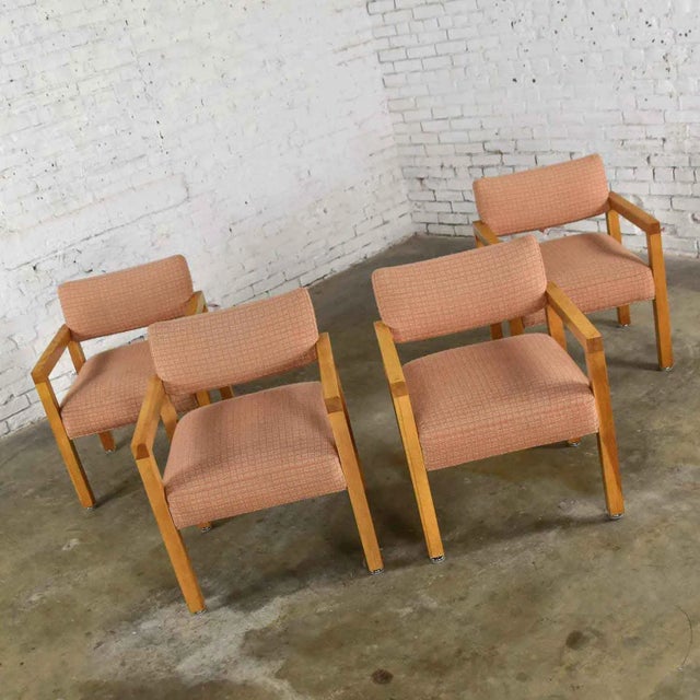 Modern Armchairs Square Frame Oak With Original Blush Textured Fabric, Set of Four For Sale - Image 10 of 13