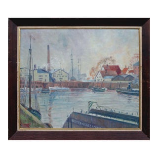 Boats in the Harbor - Mid Century Industrial Seascape by Pieter Hashager For Sale