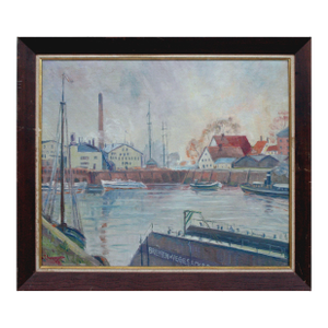 Boats in the Harbor - Mid Century Industrial Seascape by Pieter Hashager