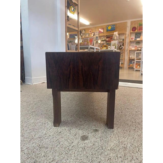 Brown 1970s Imported Vintage Danish Modern Walnut Toned Low Console Coffee Table With Wood Inlay. For Sale - Image 8 of 8