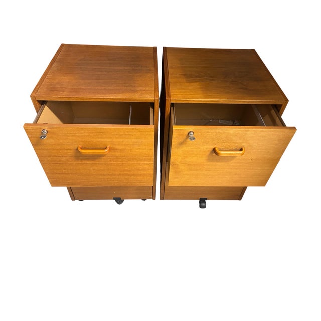 Pair of Mid-Century Danish Modern Teak Filing Cabinet With Lock and a Caster Base. For Sale - Image 9 of 9