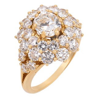 Mid 20th Century French Gia 1.10 Carat Old Mine Cut Diamond 18k Yellow Gold Cluster Ring, , Size 7 For Sale