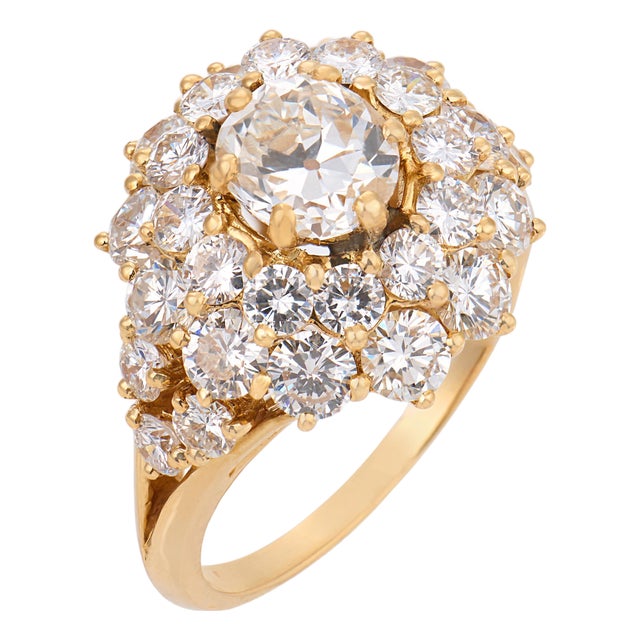 Mid 20th Century French Gia 1.10 Carat Old Mine Cut Diamond 18k Yellow Gold Cluster Ring, , Size 7 For Sale