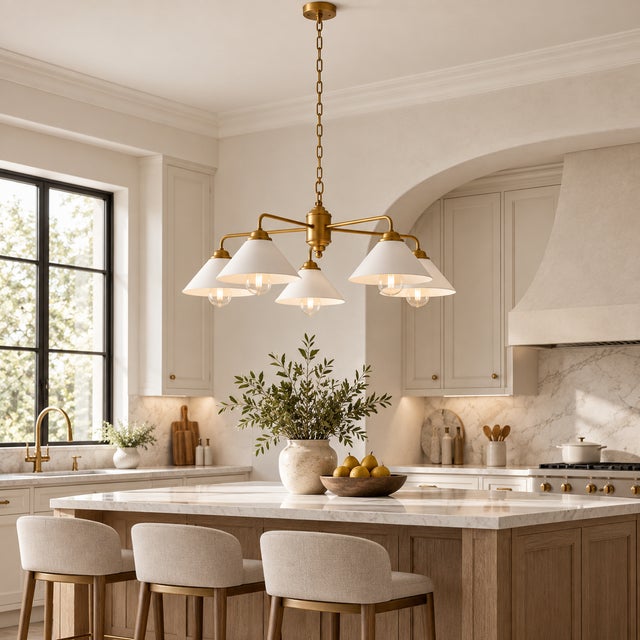 Brass Handcrafted Brass 5-Light Chandelier With White Cone Shades, Dining Room Chandelier, Kitchen Island Lighting, For Sale - Image 8 of 9