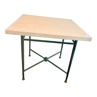 1990s Kreiss Collection “Toledo” Travertine End Table | Wrought Iron X-Base | 24” Square For Sale