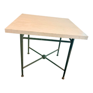 1990s Kreiss Collection “Toledo” Travertine End Table | Wrought Iron X-Base | 24” Square