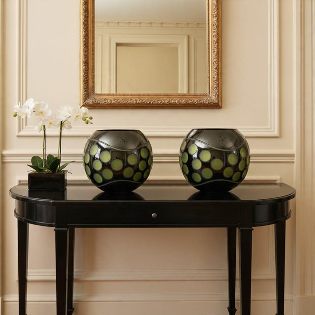 Vintage Black Glass Globe Candle Holders Pair-Green Polka Dot-Mid Century Modern For Sale - Image 4 of 8