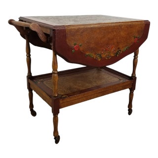 Antique English Arts & Crafts Hand Painted Drop Leaf Table/ Tea Trolley/ Bar Cart For Sale