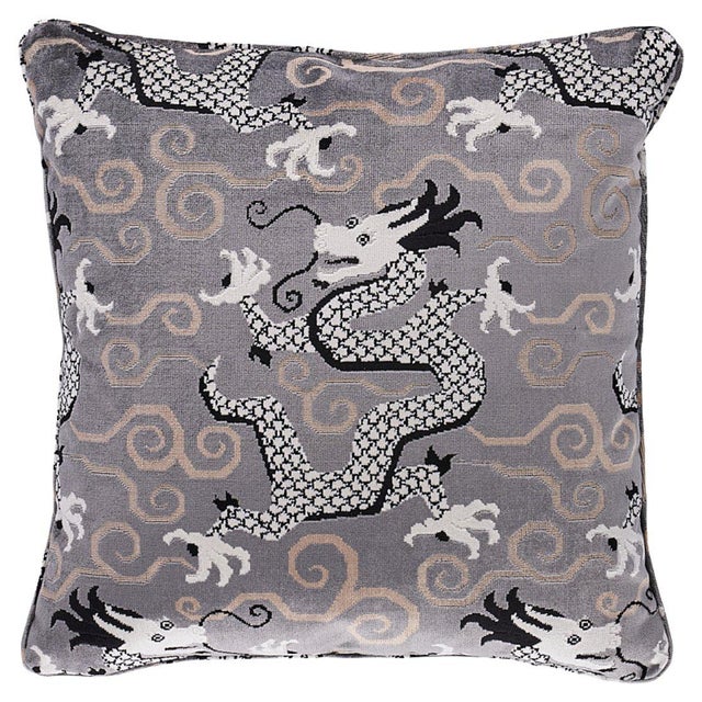 Chinoiserie Schumacher Bixi Velvet 22" Pillow in Silver For Sale - Image 3 of 3