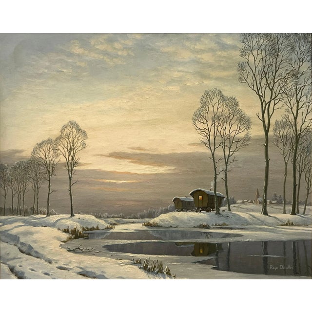 Realism Roger Charles Desoutter 20th Century Painting of a River Landscape Winter Snow Scene With Gypsy Caravans, 1981 For Sale - Image 3 of 7
