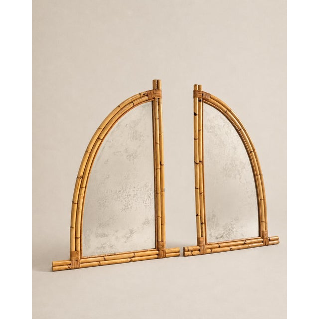 Brown Large Italian Bamboo and Rattan Asymmetrical Arch Mirrors, 1970s, Set of 2 For Sale - Image 8 of 8