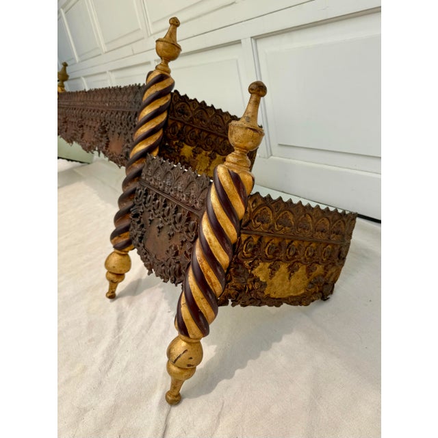 Bronze Anglo-Indian Embossed Gold and Wood Wall-Mount Bed Canopy Curtain Valance For Sale - Image 8 of 12
