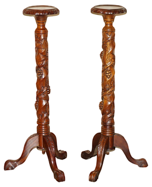 Hand Carved Fruitwood Vine Display Stands with Claw and Ball Feet, Set of 2