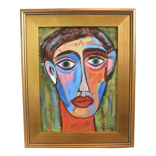 Bold Picasso Style Man Portrait Painting Including the Antiqued Gold Wood Frame For Sale