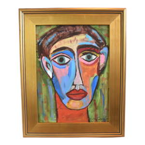 Bold Picasso-Style Man Portrait Painting Including the Antiqued Gold Wood Frame