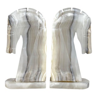Mid-Century Art Deco Italian Onyx Stone Trojan Horse Library Bookends – A Pair For Sale