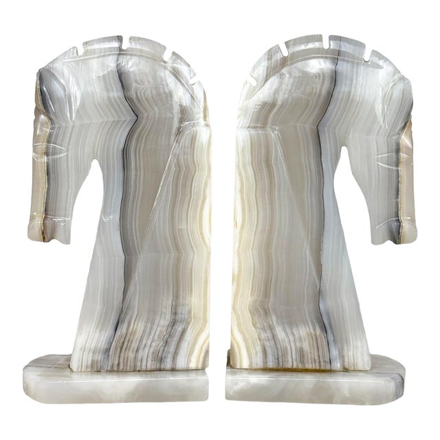 Mid-Century Art Deco Italian Onyx Stone Trojan Horse Library Bookends – A Pair For Sale