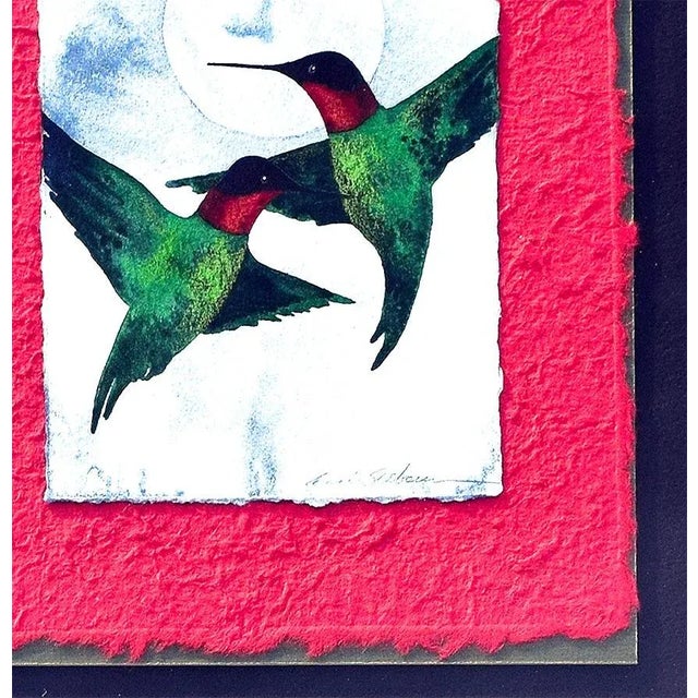 Original vintage watercolor painting of two hummingbirds in flight with a full moon in the background. Rendered on...