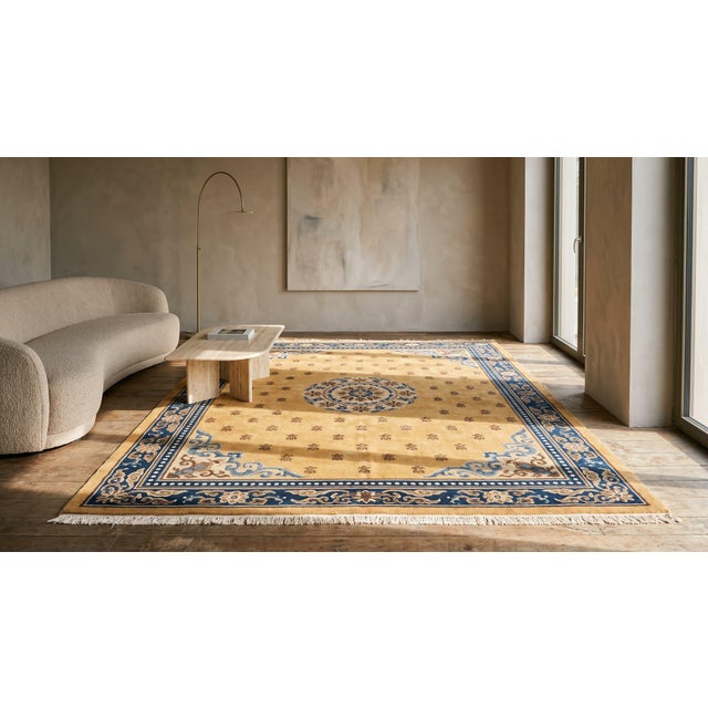 1800s Mustard Yellow Medallion Antique Chinese Ningxia Kang Rug 6' X 10'3" Handknotted Wool Carpet For Sale - Image 10 of 11