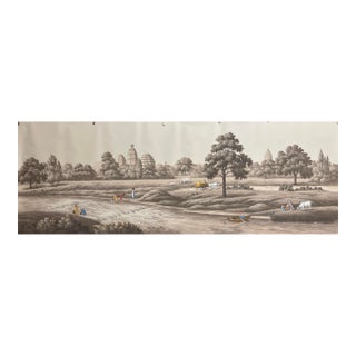 Hand Painted Vintage Indian Rural River Scene Panoramic Mural Panels For Sale