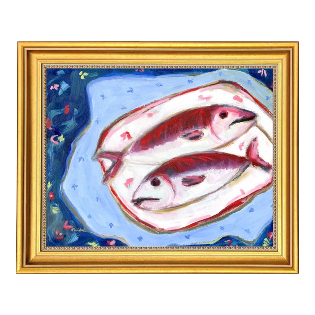Hockney Inspired, Two Fish on Blue, Still Life Pop Art Oil Painting by Alexandra Swistak For Sale