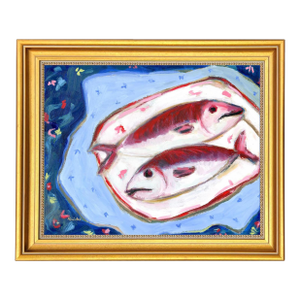 Mid-Century Modern, Two Fish on Blue, Vintage Style Still Life Oil Painting by Alexandra Swistak