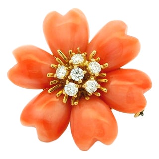 Italian Carved Coral & Diamond 18k Gold Flower Brooch Pendant, Circa 1970 For Sale