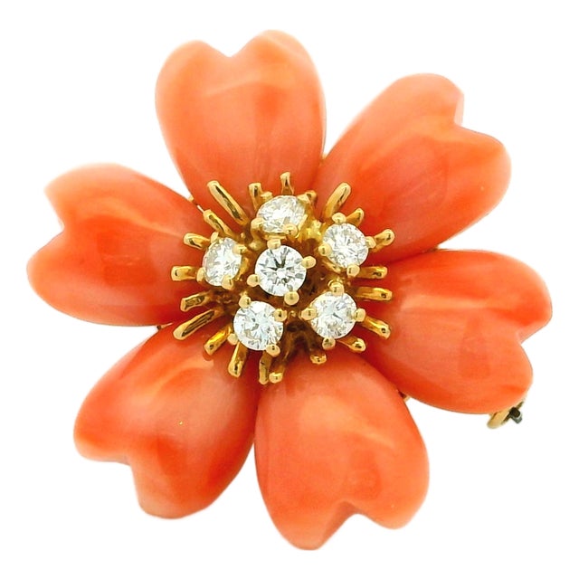 Italian Carved Coral & Diamond 18k Gold Flower Brooch Pendant, Circa 1970 For Sale