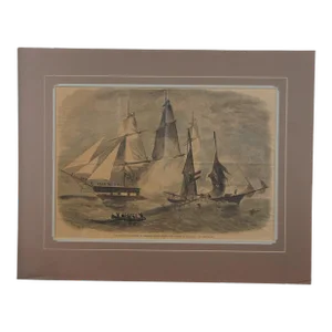 Antique 1860s Harpers Weekly Frigate Sinking Privateer Nautical War Engraving 28"