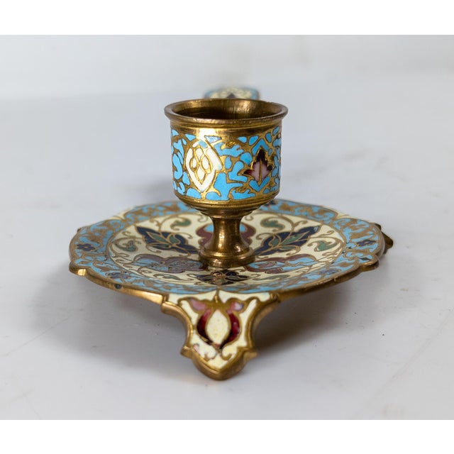 Late 19th Century 19th Century French Gilt Brass Champleve Enamel Candle Stick Holder For Sale - Image 5 of 10