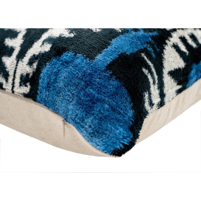 Mid-Century Modern Blue Black Silk Velvet Ikat Pillow – 20x20 Handmade Luxury Throw Cushion For Sale - Image 3 of 7