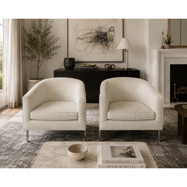 Pair of Mitchell Gold + Bob Williams Curved Barrel Lounge Chairs With Chrome Frame For Sale - Image 10 of 12