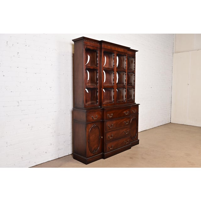 Baker Furniture Style Georgian Mahogany Bubble Glass Breakfront Bookcase Cabinet With Drop Front Secretary Desk, Circa 1940s For Sale - Image 14 of 14