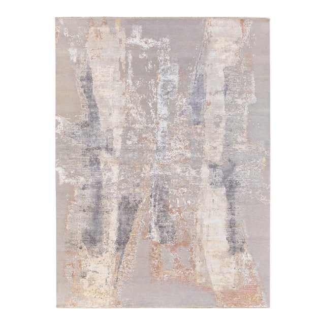 Modern Indian Handmade Beige and Gray Abstract Wool and Silk Rug For Sale