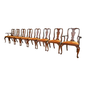 Henkel Harris Queen Anne Solid Mahogany Dining Chairs, Set of Eight