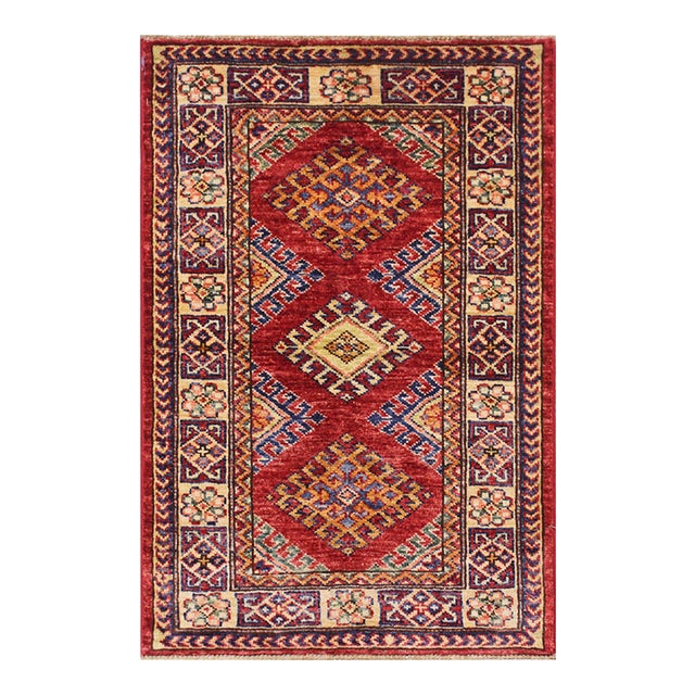 Rustic Super Kazak Red/Beige Wool Rug - 2'0'' X 2'10'' For Sale