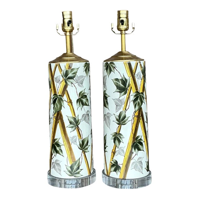 Vintage Coastal Bamboo Vine Glazed Ceramic Lamps - a Pair For Sale