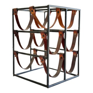 Vintage Arthur Umanoff Mid Century Modern Iron & Leather Wine Rack – 6 Bottle Vintage Bar Storage, Industrial Brutalist Decor For Sale