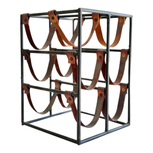 Vintage Arthur Umanoff Mid Century Modern Iron & Leather Wine Rack – 6 Bottle Vintage Bar Storage, Industrial Brutalist Decor