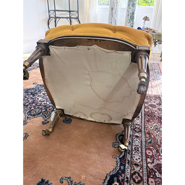 Vintage Louis XVI Style Tufted Gold Ottoman With Brass Paw Feet For Sale - Image 4 of 10