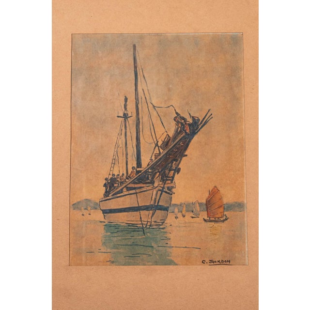 English Mid 20th Century Original Watercolor of Ship | Signed C. Jackson For Sale - Image 3 of 4