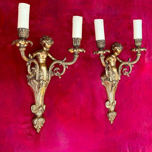 French Louis XV Style Gilt Bronze Cherub Wall Sconces, 1930, Set of 2 For Sale - Image 14 of 18